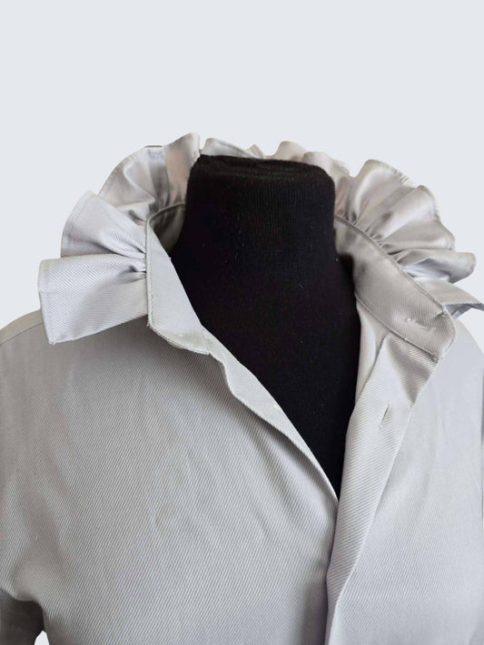 Up-cycled Ruffle Collar Button-up Blouse - Jones New York Grey Diagonal Pin Stripe - Women's Large