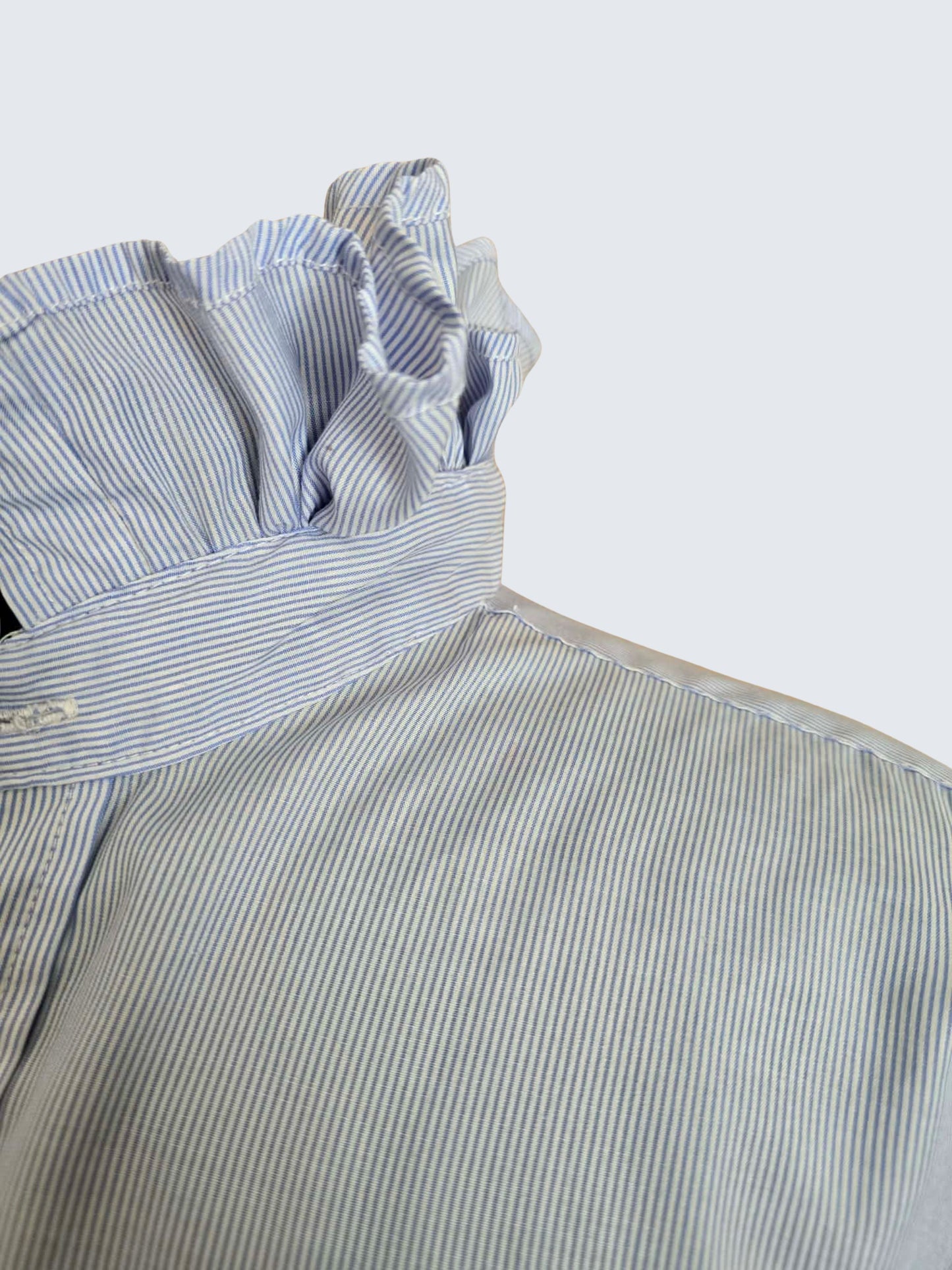 Up-cycled Ruffle Collar Button-up Blouse - Sonnie Italy Designs Blue Pin Stripes - Women's Large