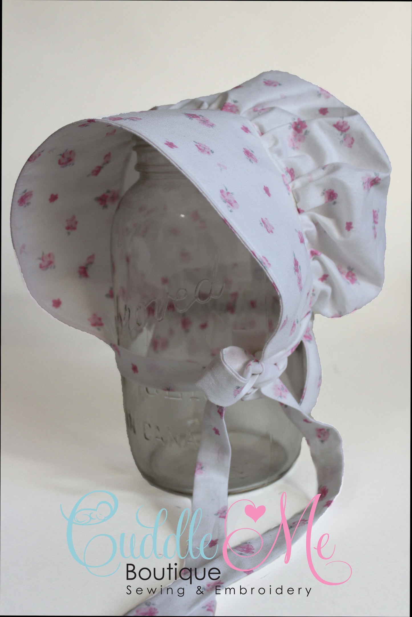 Vintage White Bonnet with Pink Flowers Prairie Bonnet