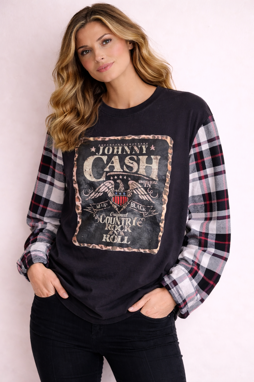 Up-cycled Flannel Sleeve Sweatshirt Johnny Cash