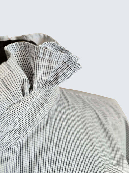 Up-cycled Ruffle Collar Button-up Blouse - Dicapri Black & White Plaid- Women's L/XL