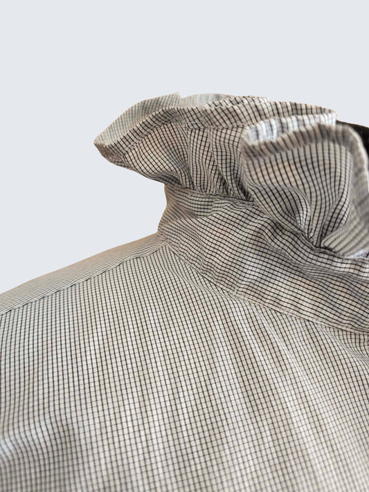 Up-cycled Ruffle Collar Button-up Blouse - Dicapri Black & White Plaid- Women's L/XL