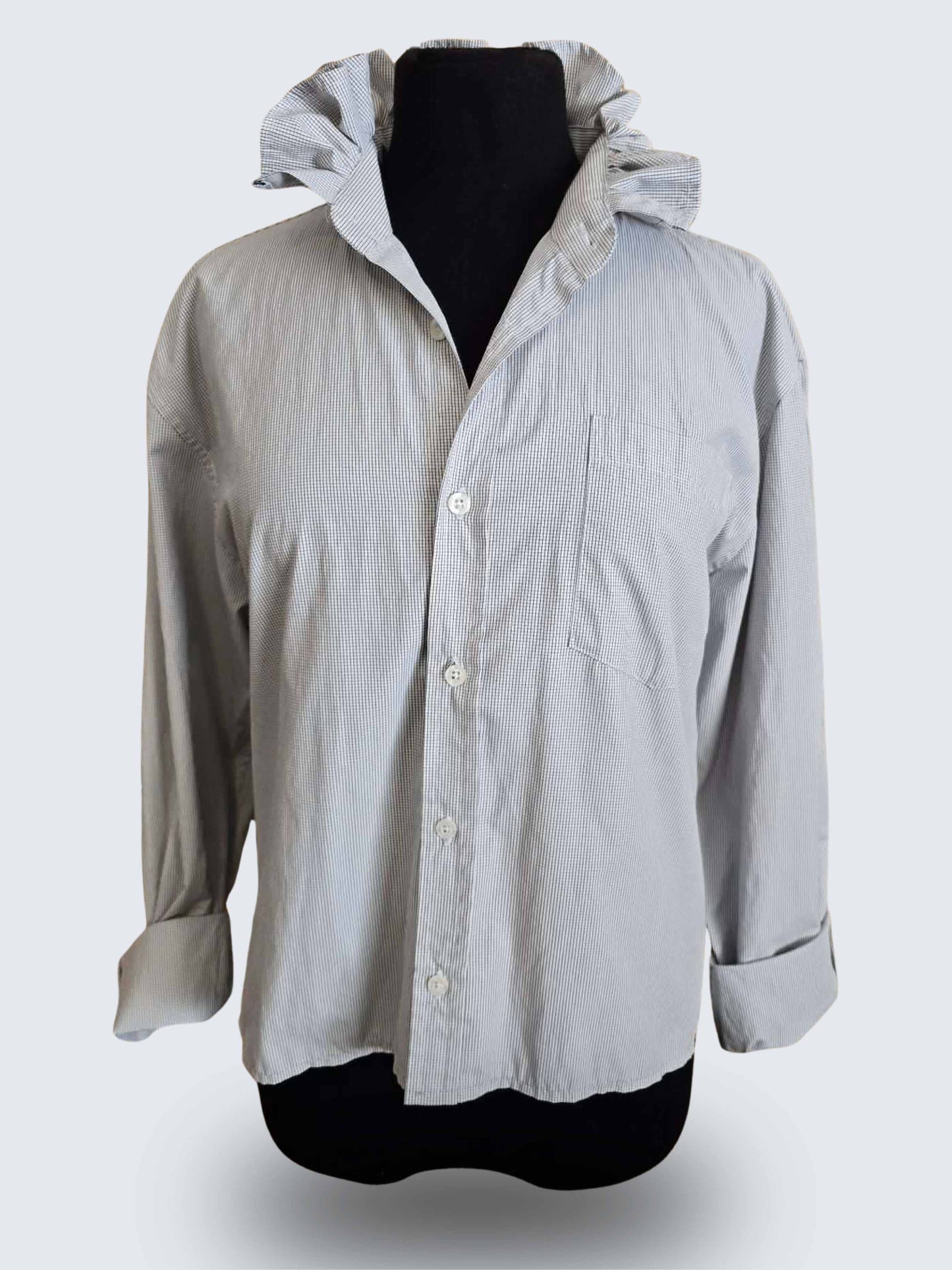 Up-cycled Ruffle Collar Button-up Blouse - Dicapri Black & White Plaid- Women's L/XL