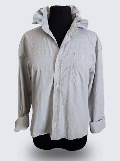 Up-cycled Ruffle Collar Button-up Blouse - Dicapri Black & White Plaid- Women's L/XL
