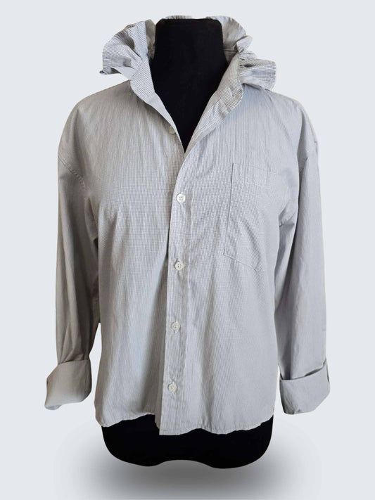 Up-cycled Ruffle Collar Button-up Blouse - Dicapri Black & White Plaid- Women's L/XL