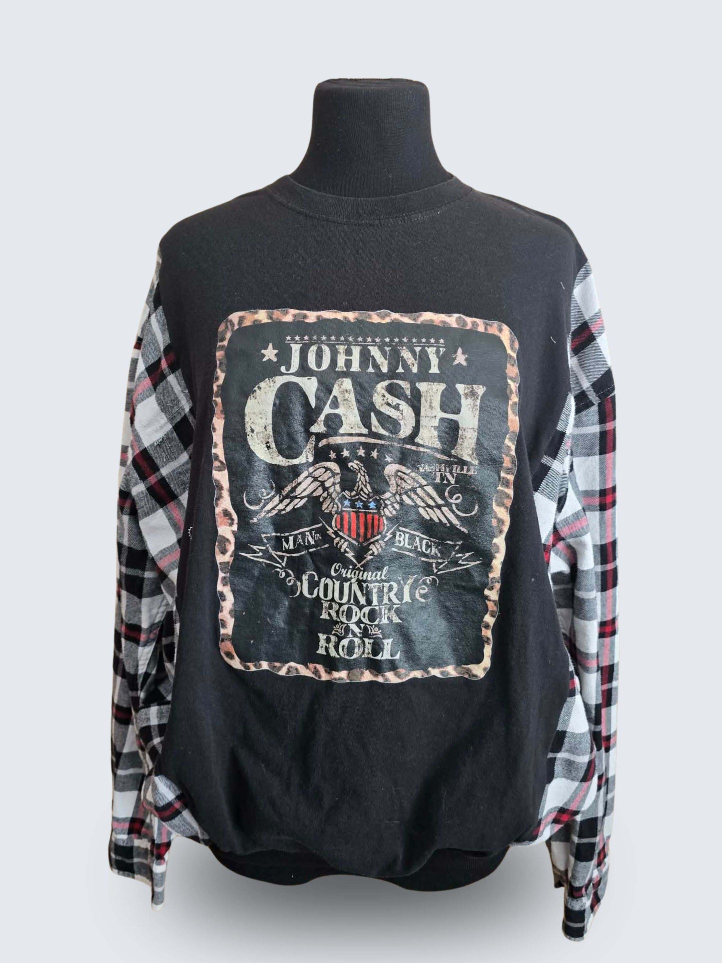 Up-cycled Flannel Sleeve Sweatshirt Johnny Cash