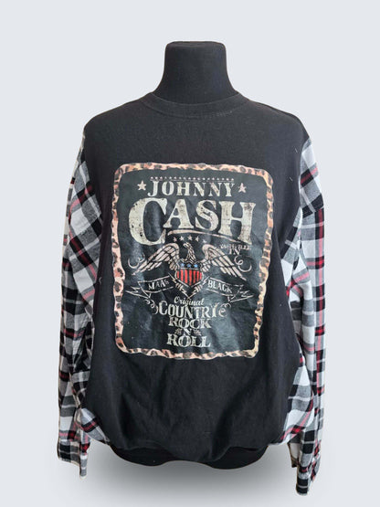 Up-cycled Flannel Sleeve Sweatshirt Johnny Cash