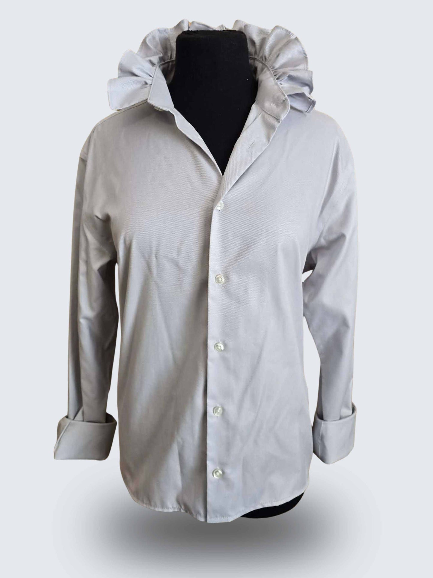 Up-cycled Ruffle Collar Button-up Blouse - Jones New York Grey Diagonal Pin Stripe - Women's Large