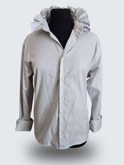 Up-cycled Ruffle Collar Button-up Blouse - Jones New York Grey Diagonal Pin Stripe - Women's Large