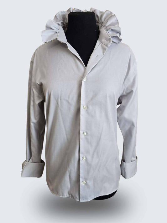 Up-cycled Ruffle Collar Button-up Blouse - Jones New York Grey Diagonal Pin Stripe - Women's Large