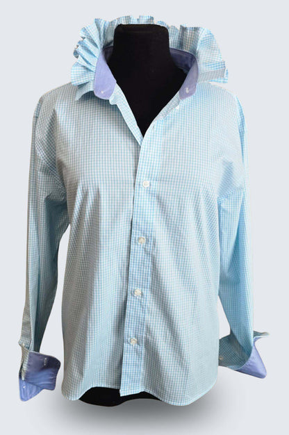 Up-cycled Ruffle Collar Button-up Blouse - Nautica Blue Plaid - Women's XL/XXL