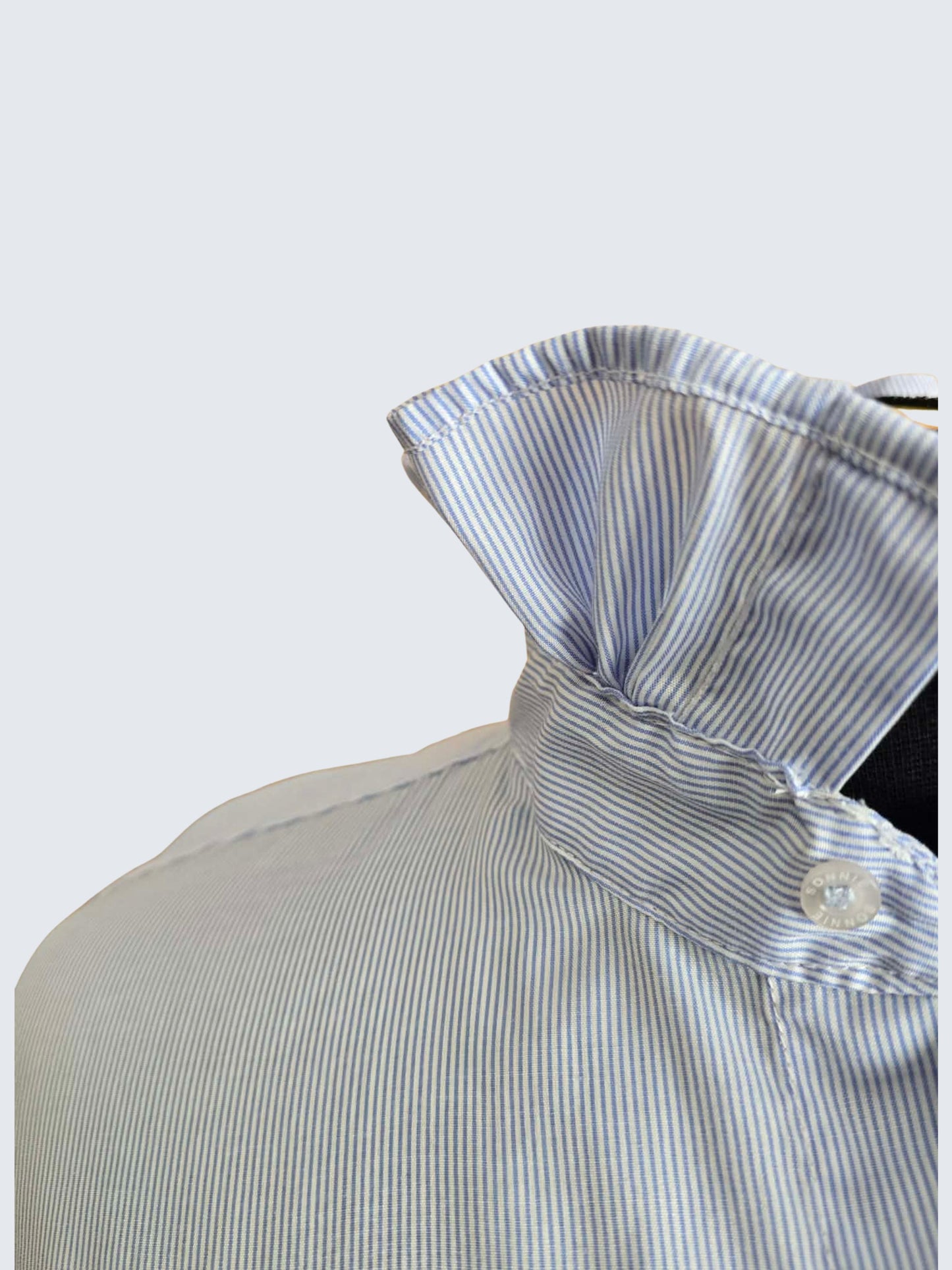Up-cycled Ruffle Collar Button-up Blouse - Sonnie Italy Designs Blue Pin Stripes - Women's Large