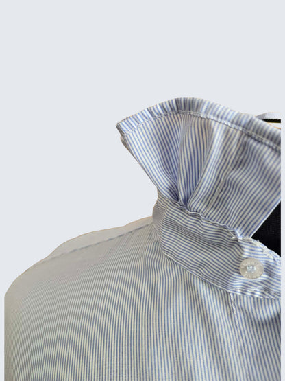 Up-cycled Ruffle Collar Button-up Blouse - Sonnie Italy Designs Blue Pin Stripes - Women's Large
