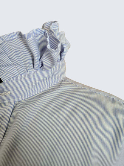 Up-cycled Ruffle Collar Button-up Blouse - Sonnie Italy Designs Blue Pin Stripes - Women's Large