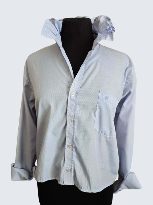 Up-cycled Ruffle Collar Button-up Blouse - Sonnie Italy Designs Blue Pin Stripes - Women's Large