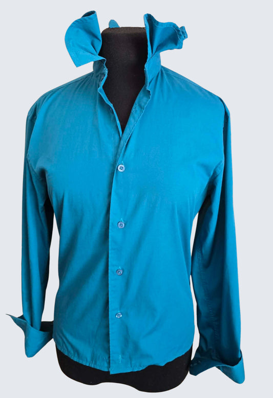 Up-cycled Ruffle Collar Button-up Blouse - Teal Soul of London - Women's Small