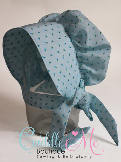 Vintage Blue Mini Flowers Prairie Baby Bonnet