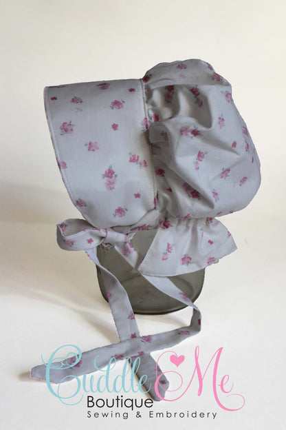 Vintage White Bonnet with Pink Flowers Prairie Bonnet